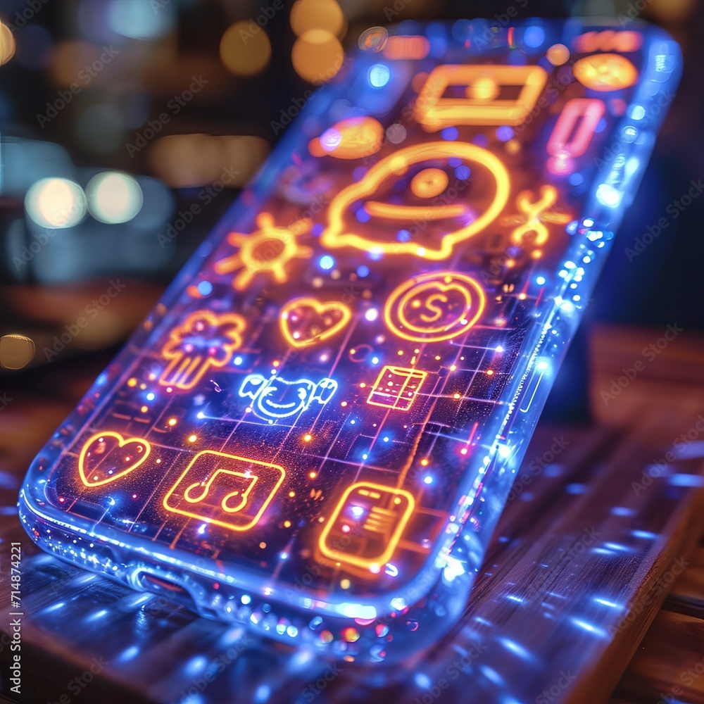 Poster a smartphone with a hologram on the screen of which various new symbols and emoticons of social medi