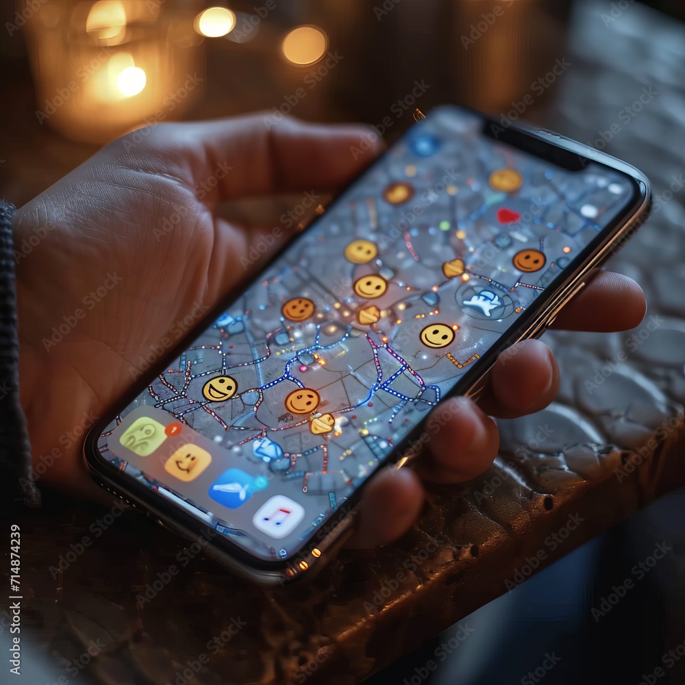 Poster a smartphone with a hologram on the screen of which various new symbols and emoticons of social medi