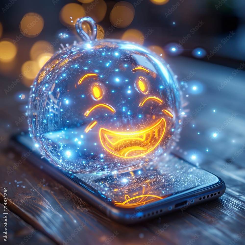Poster a smartphone with a hologram on the screen of which various new symbols and emoticons of social medi