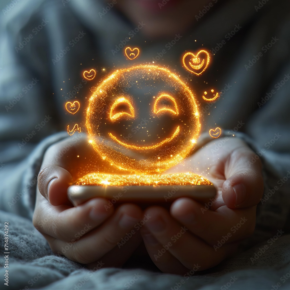 Poster a smartphone with a hologram on the screen of which various new symbols and emoticons of social medi