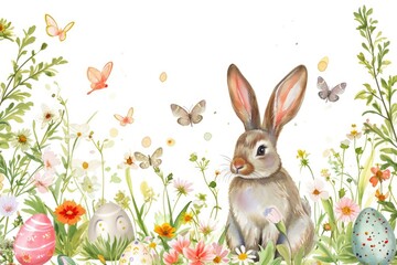 Easter Bunny in Spring Watercolor. Watercolor of a bunny among flowers and Easter eggs.