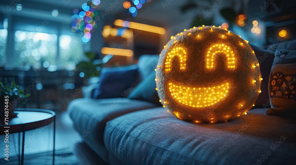 Poster a smartphone with a hologram on the screen of which various new symbols and emoticons of social medi
