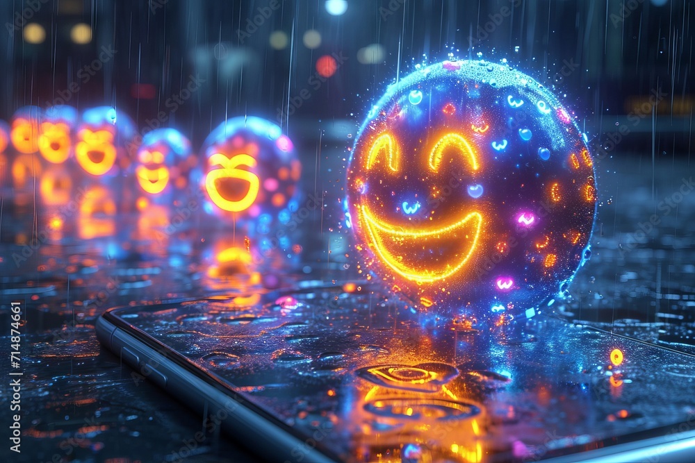 Poster a smartphone with a hologram on the screen of which various new symbols and emoticons of social medi