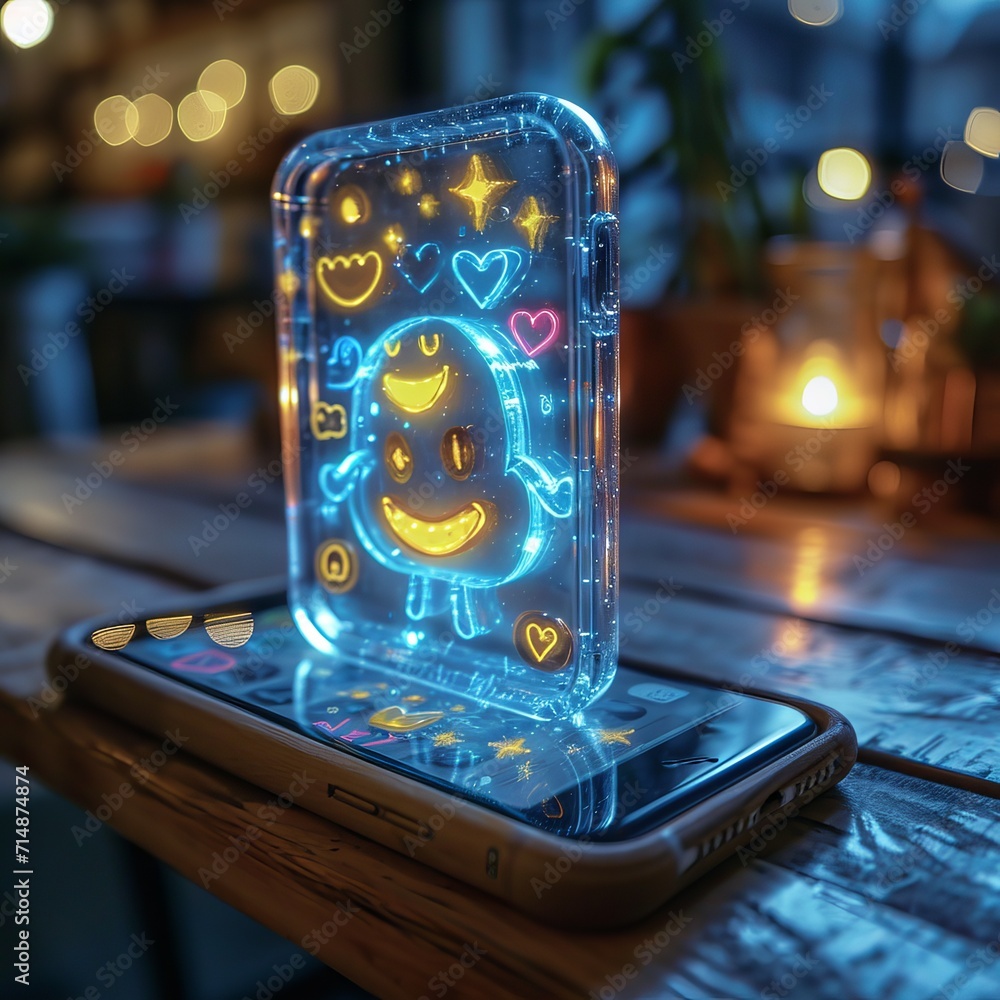 Poster a smartphone with a hologram on the screen of which various new symbols and emoticons of social medi