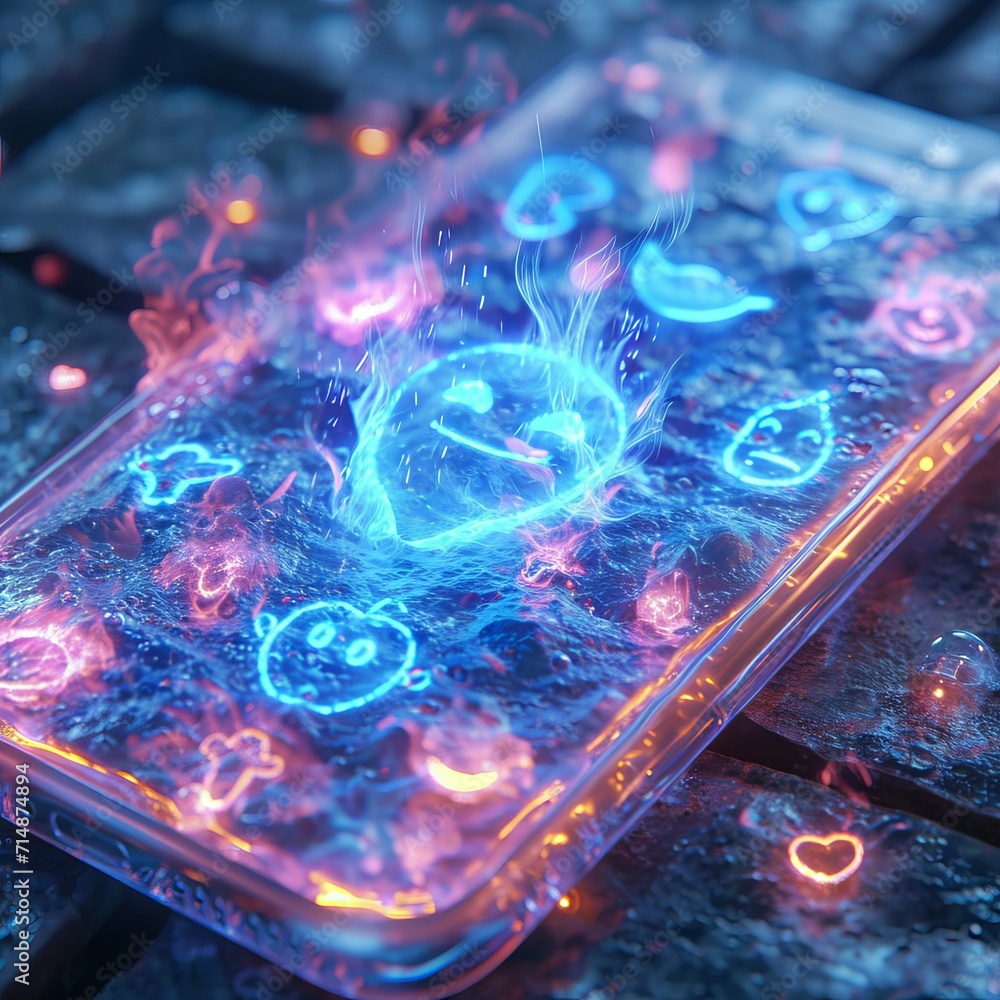 Poster a smartphone with a hologram on the screen of which various new symbols and emoticons of social medi