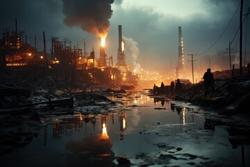 Under the polluted sky, a weary group trudges along a muddy road, surrounded by towering factories belching smoke into the fading sunset, a stark reminder of the damaging impact of industry on our en - obrazy, fototapety, plakaty
