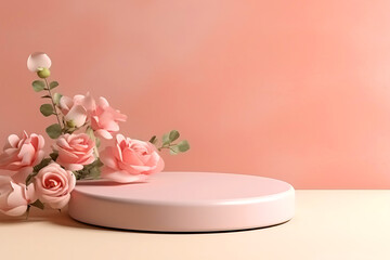 Abstract background with pink flowers and a podium for product on a light pink background