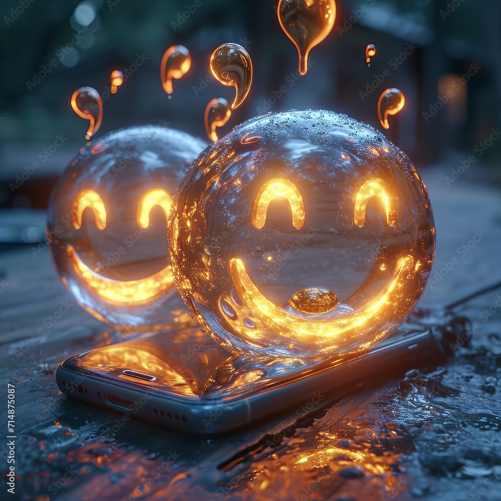 Poster a smartphone with a hologram on the screen of which various new symbols and emoticons of social medi
