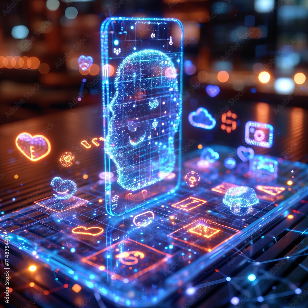 Poster a smartphone with a hologram on the screen of which various new symbols and emoticons of social medi