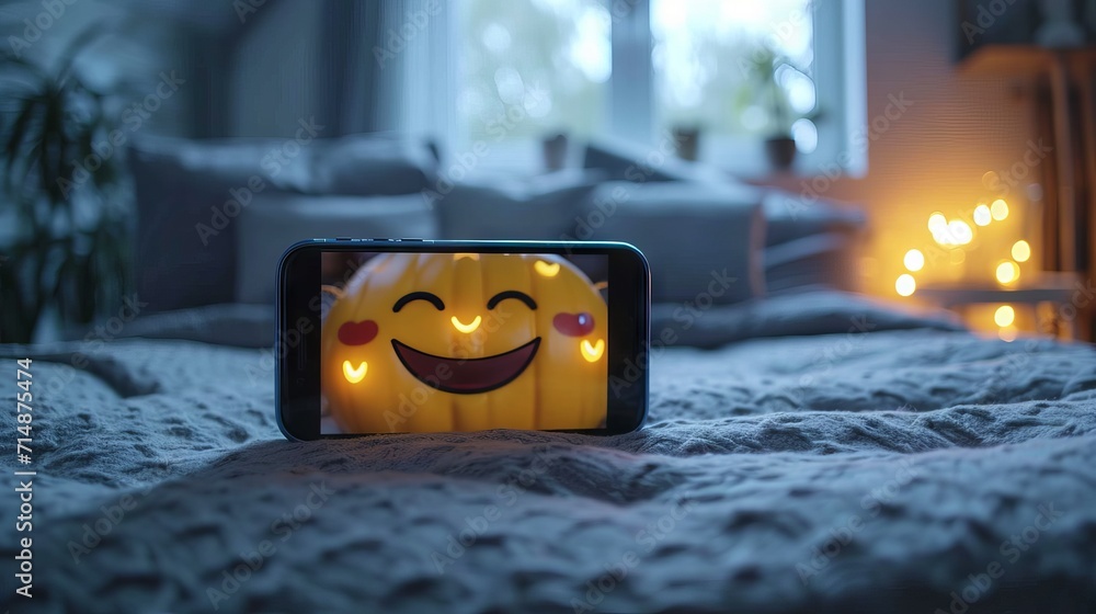 Poster a smartphone with a hologram on the screen of which various new symbols and emoticons of social medi