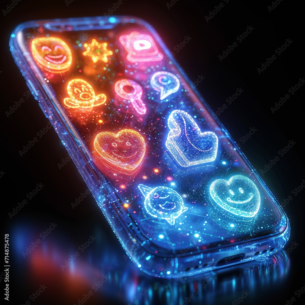 Poster a smartphone with a hologram on the screen of which various new symbols and emoticons of social medi