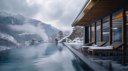 Luxury private pool villa, onsen, winter, snow mountains,  