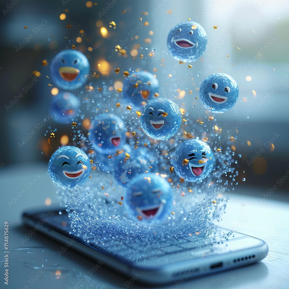 Poster a smartphone with a hologram on the screen of which various new symbols and emoticons of social medi