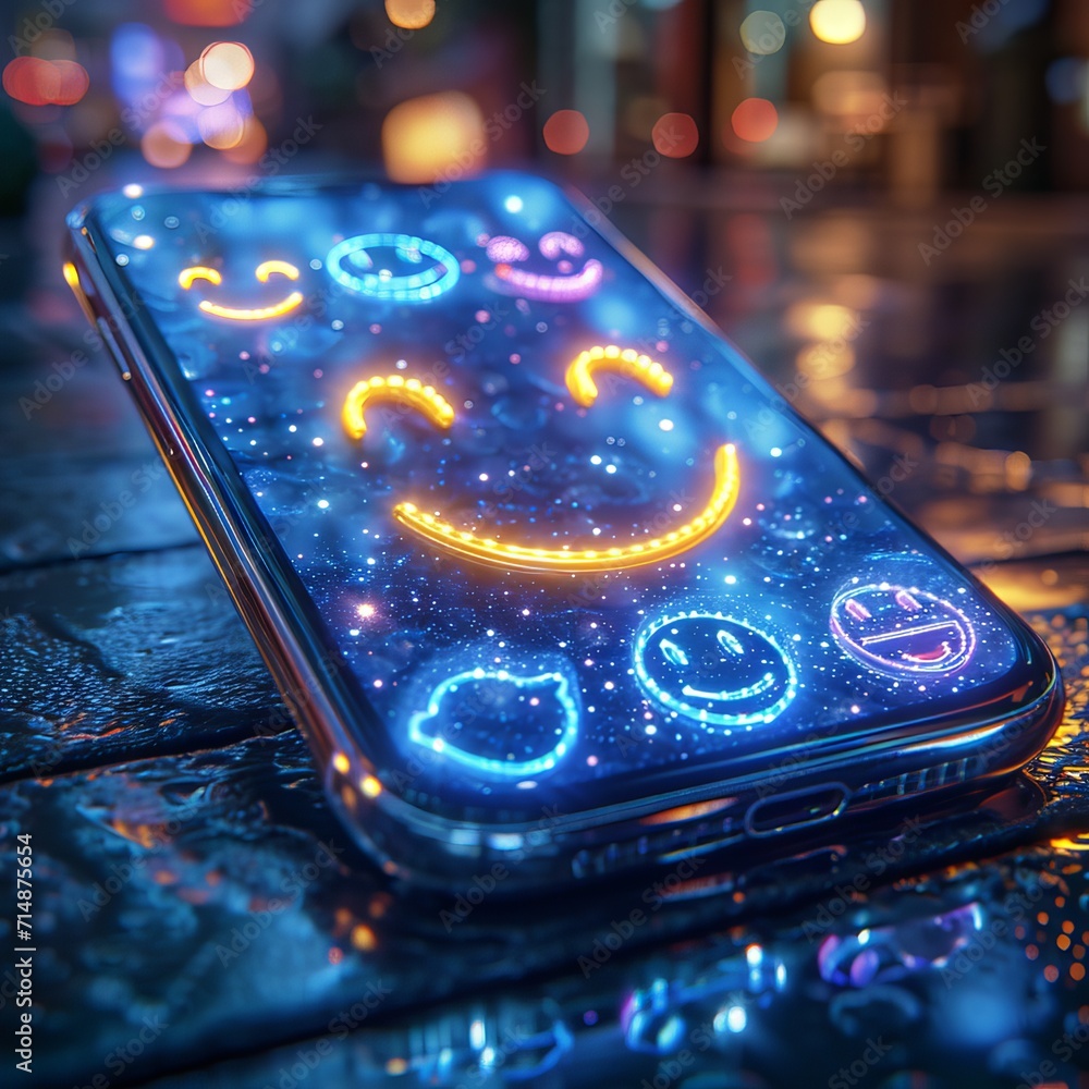 Poster a smartphone with a hologram on the screen of which various new symbols and emoticons of social medi