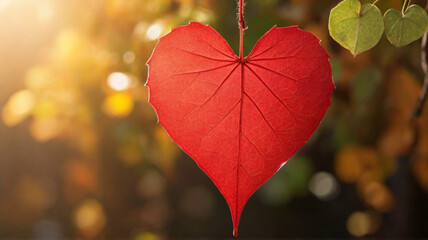Heart shaped autumn red leaf on branch under afternoon sunlight, Concept of loving nature during fall season	