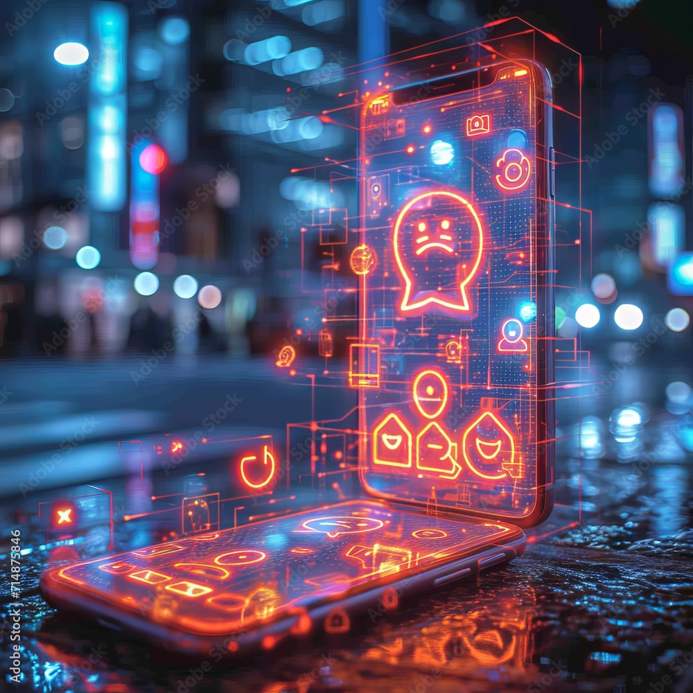 Poster smartphone with a hologram on the screen of which various new symbols and emoticons of social media 