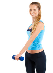 Sporty woman with blue barbells