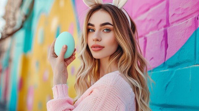 A stylish woman wearing bunny ears poses with a pastel-colored Easter egg in a vibrant outdoor setting