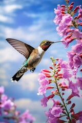 Hummingbird over a tropical flower - flight. Colibri thalassinus, hummingbird in natural habitat