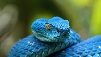 Blue viper snake closeup face, viper snake, blue insularis, Trimeresurus Insularis. AI Generative