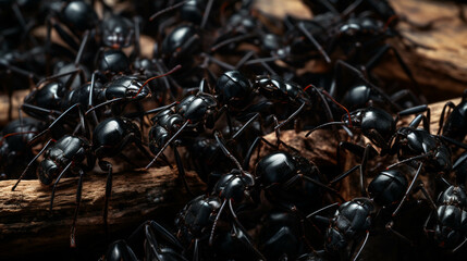 Close-up view of black ants with intricate details of their legs and antennae.