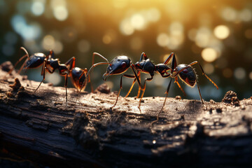 Close-up view of black ants with intricate details of their legs and antennae.