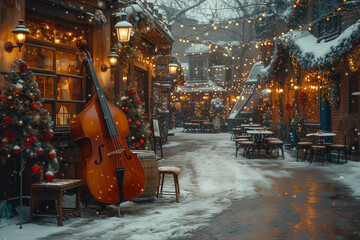 Jazz Instruments in a Winter Setting, vinterjaz, Elevate the soul with enchanting jazz instruments harmonizing amidst winter's embrace, creating a serene fusion of music and snow