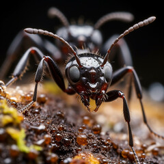 Close-up view of black ants with intricate details of their legs and antennae.