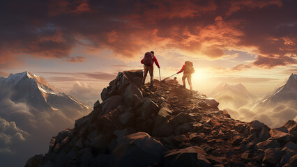 Fototapeta premium Summit Companions - A Hiker's Journey to the Top