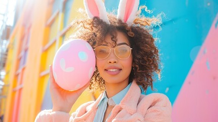In a colorful outdoor scene, a chic lady with bunny ears strikes a pose with a pastel-colored Easter egg