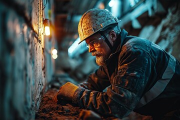 Obraz premium man with a graying beard, dressed in a work uniform with an orange safety helmet on his head. Traces of dirt and oil are visible on the face. Concept: physical labor and engineering activities