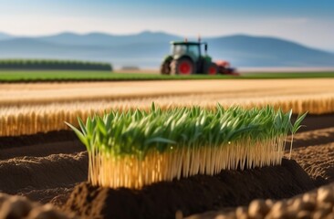 Fototapeta premium Young seedlings grow in a dense group in the ground, sprouts for planting crops in the field, a tractor works in the field against the background of mountains.