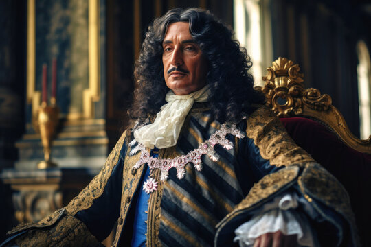 Louis XIV sitting inside a golden throne room in palace Versailles (generative AI)