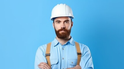A man in a white construction helmet and work shirt on a blue background. Concept: specialist or engineer, advertising construction services, labor protection or vocational training. Banner with copy 