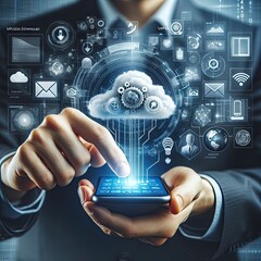 a businessman holding a mobile phone, cloud hologram raised over the phone, database theme
