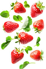 Juicy ripe strawberries with green leaves flying on white background