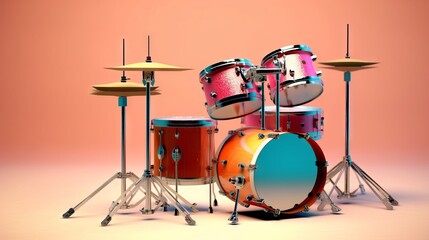 A vibrant drum kit with red-orange elements in front of a light pink background, highlighting the stylish and modern design of the musical instrument.