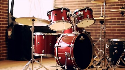 Fototapeta premium A red drum kit with white rims is professionally placed against a dark background, highlighting its bright color and clean lines.