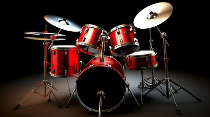 A red drum kit with white rims is professionally placed against a dark background, highlighting its bright color and clean lines.