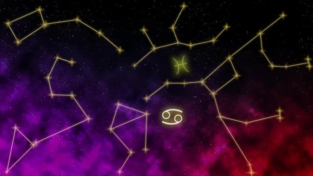 Astrology, zodiac signs and esoteric magic concept. Flying cosmic zodiac symbols and constellations in space galaxy.