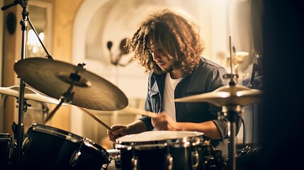 A young drummer plays a drum kit in a lit room.