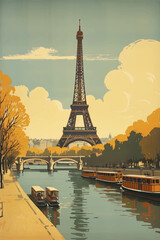 A vintage retro style travel poster for Paris, France with the famous Eiffel tower and River Seine