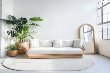 Modern, white minimalist interior. Modern interior design for posters in the living room layout with a white sofa with space to copy. High quality photo. generative ai.