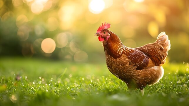 A red hen chicken walks the village.