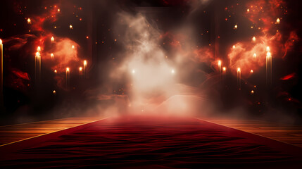 Red carpet staircase with smoke and spotlights, holiday awards ceremony event