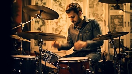 A blue-shirted drummer concentrates on his drum kit against a backdrop of warm, golden lighting that adds depth and emotion to his performance.