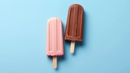 Foto op Canvas Ice creams on a stick of different colors and flavors are lined up on a light green background. Concept: Children's summer treat. Cold dessert without sugar or substitutes. Copy space  © Marynkka_muis_ua