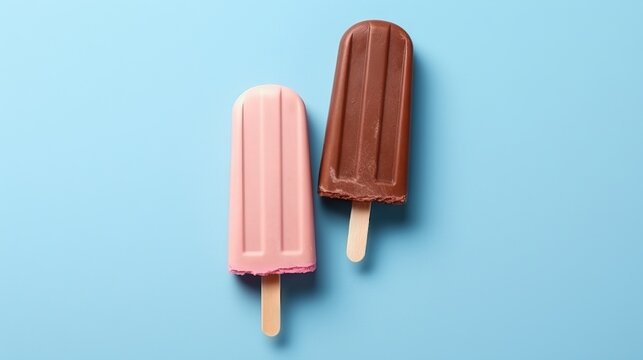 Ice creams on a stick of different colors and flavors are lined up on a light green background. Concept: Children's summer treat. Cold dessert without sugar or substitutes. Copy space
