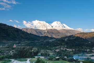 View of the town called Yungay with the snow-capped Huascaran in the background in the province of Huaraz, Peru.