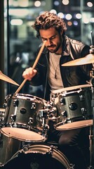 A dreadlocked drummer in an elegant coat plays intently in a cozy atmosphere, demonstrating a deep connection with the rhythm.